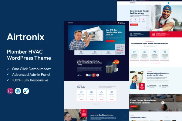 Airtronix plumber, HVAC and repair WordPress theme preview