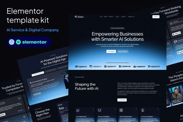 Aisev AI agency Elementor template kit preview with modern tech page layouts
