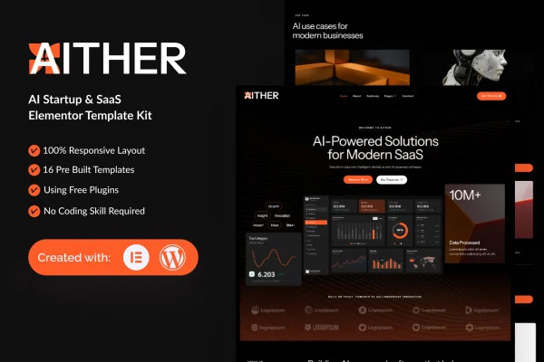 Aither AI startup and SaaS Elementor template kit preview