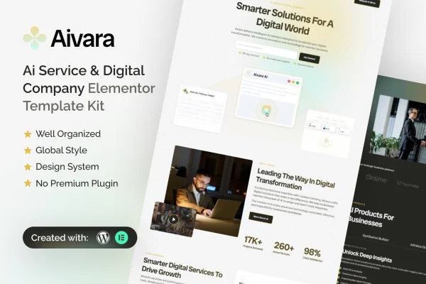 Aivara Elementor template kit preview for an AI service and digital company website