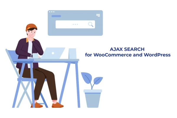 AJAX SEARCH for Woocommerce plugin banner showing a live product search box