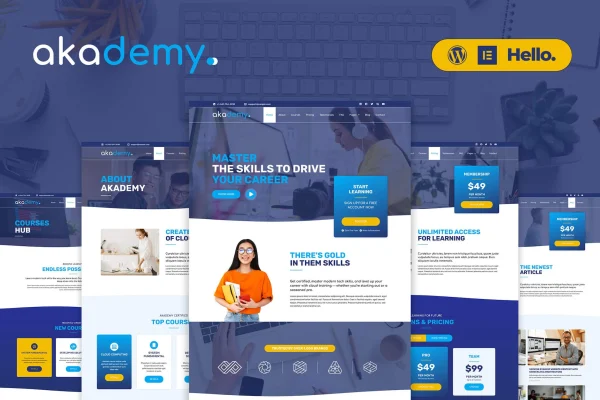 Akademy online courses Elementor template kit preview showing education website page layouts