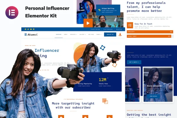 Akamsi personal influencer Elementor template kit preview showing website page layouts