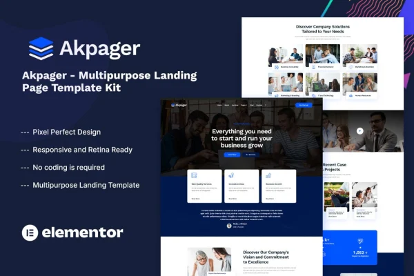 Akpager multipurpose landing page Elementor template kit preview