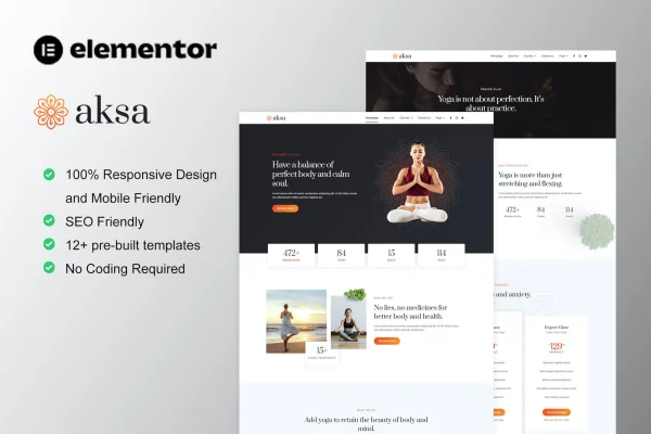 Aksa yoga teacher and studio Elementor template kit preview