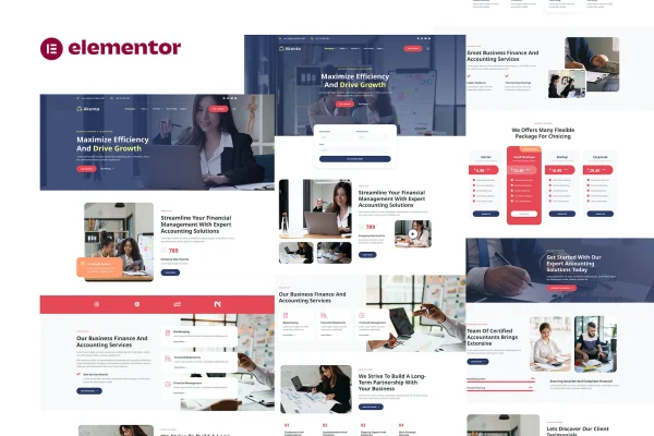 Akunta Elementor template kit preview for finance and accounting services websites