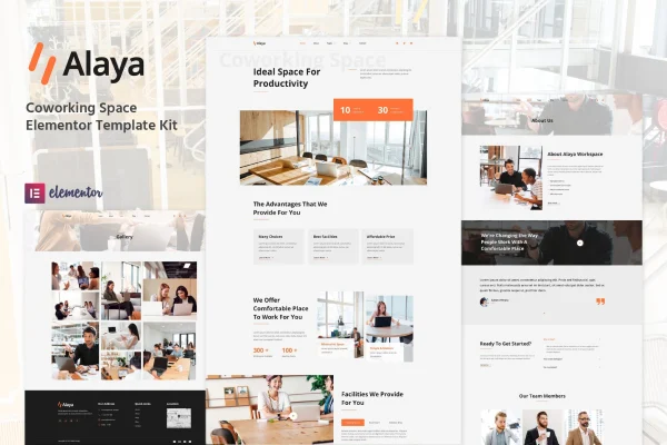 Alaya coworking space Elementor template kit page previews