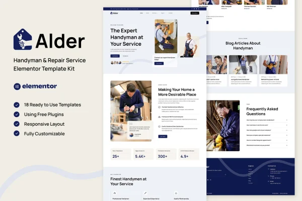 Alder handyman and repair service Elementor template kit preview