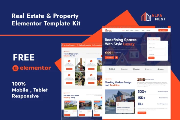 Alfanest real estate Elementor template kit cover showing property website page layouts