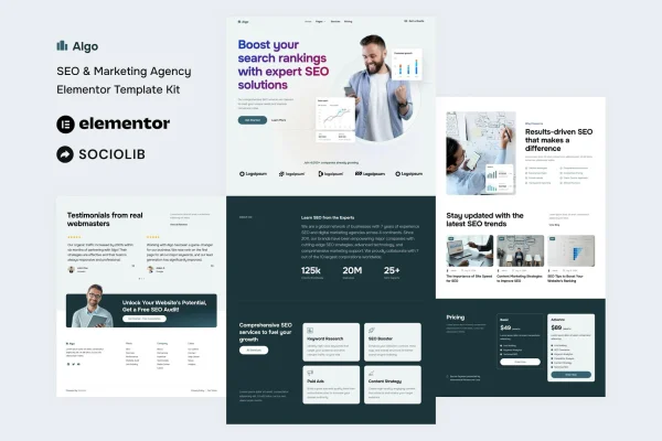 Algo SEO and marketing agency Elementor template kit preview