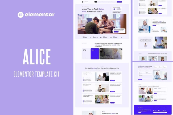 Alice anxiety life coach Elementor template kit preview with calming page layouts