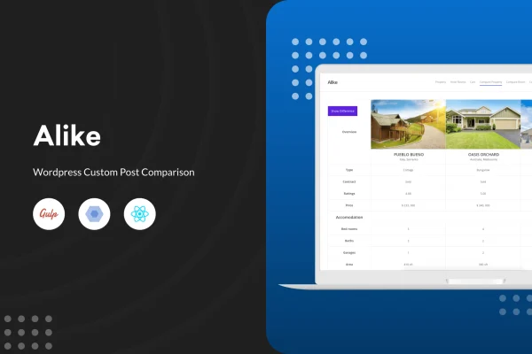 Alike - WordPress Custom Post Comparison plugin banner showing a side-by-side comparison table
