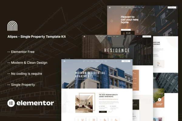 Alipes single property Elementor template kit cover showing a property website homepage