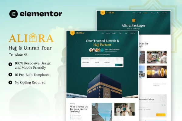 Alivra Hajj and Umrah tour Elementor template kit preview