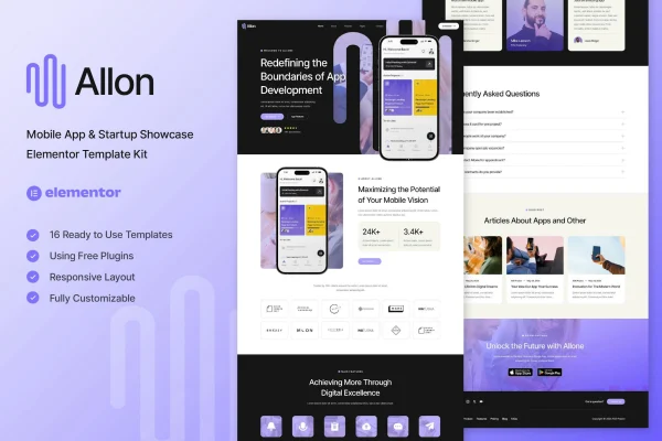 Allon Elementor template kit cover showing mobile app and startup website layouts