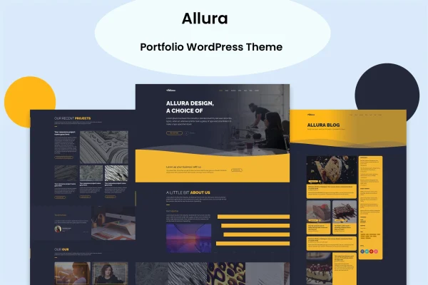 Allura portfolio WordPress theme preview showing creative homepage layouts