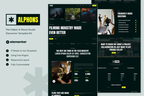 Alphons film maker and movie studio Elementor template kit cover