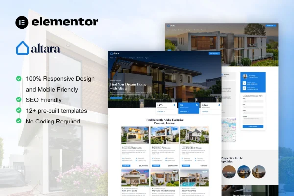 Altara real estate and property Elementor Pro template kit preview