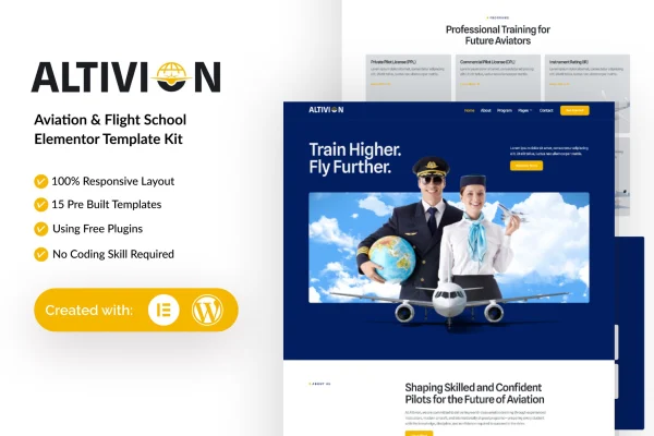 Altivion aviation and flight school Elementor template kit preview