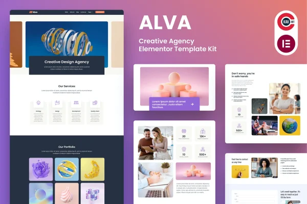 Alva creative agency Elementor template kit page layouts preview