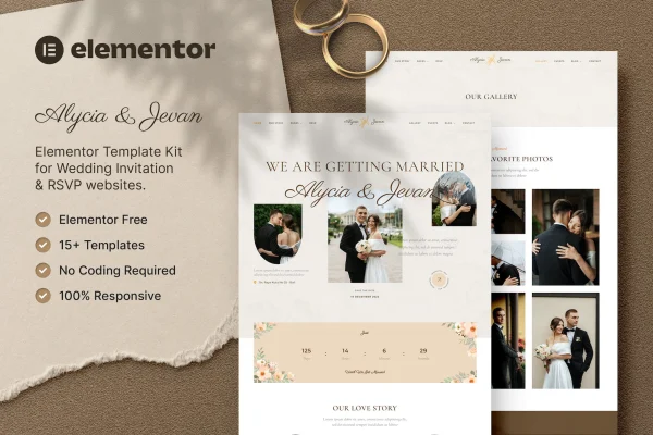 Alycia & Jevan wedding invitation and RSVP Elementor template kit preview