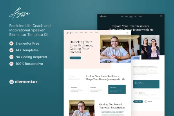 Alyssa feminine life coach and motivational speaker Elementor template kit preview