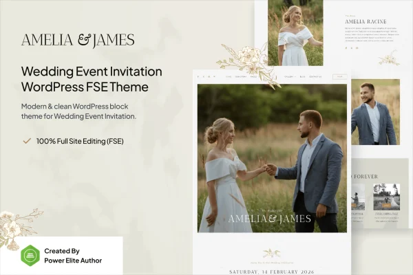 Amelia & James wedding invitation WordPress theme preview