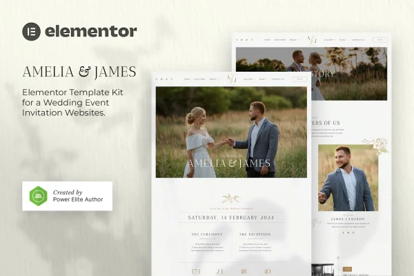 Amelia & James wedding invitation Elementor template kit cover image