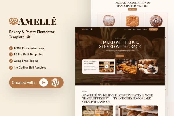Amelle bakery and pastry Elementor template kit preview
