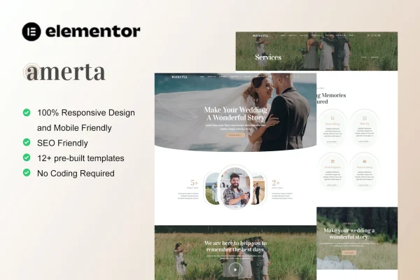 Amerta wedding photography Elementor template kit preview