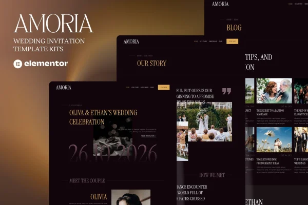 Amoria dark luxury wedding invitation Elementor template kit preview