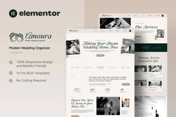 Amoura wedding organizer Elementor template kit preview