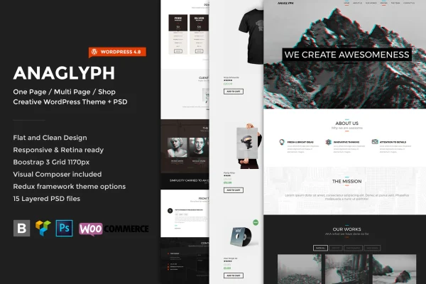Anaglyph WordPress theme preview with flat design and 3D effects