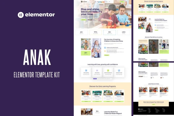Anak kindergarten Elementor Pro template kit cover with colorful preschool page layouts