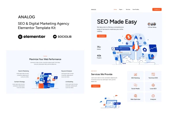 Analog SEO and digital marketing agency Elementor template kit preview