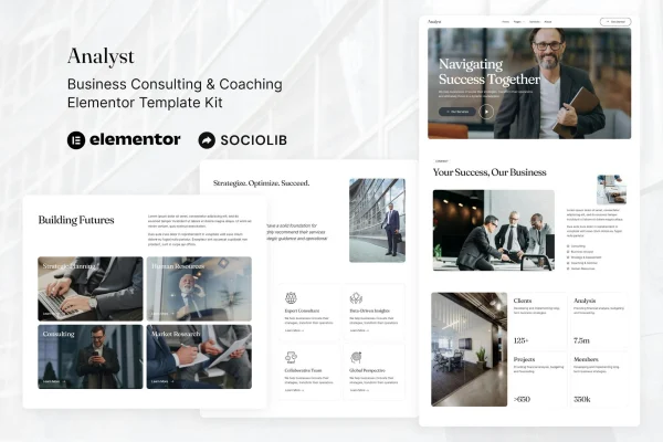 Analyst business consulting and coaching Elementor template kit preview