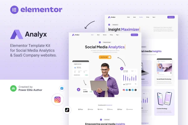 Analyx Elementor template kit cover for SaaS and social media analytics websites