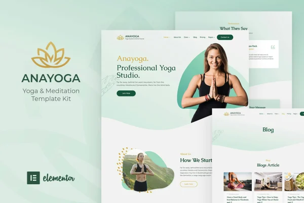 Anayoga yoga teacher and studio Elementor template kit preview