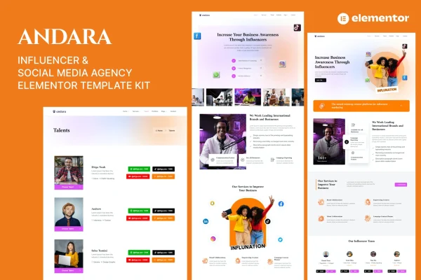 Andara Elementor template kit cover for influencer and social media agency websites