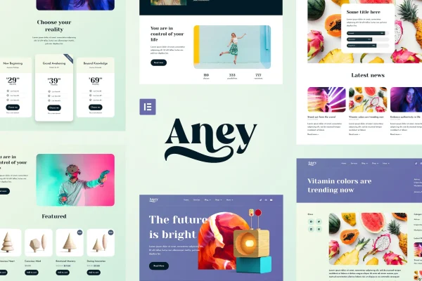 Aney Elementor template kit cover with colorful gradients and 3D illustrations