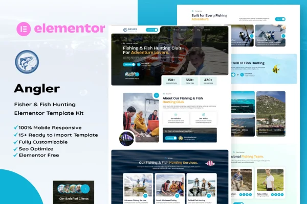 Angler fishing and fish hunting Elementor template kit preview