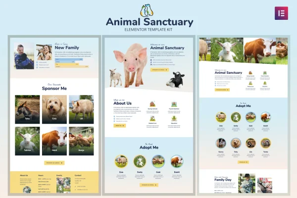 Animal Sanctuary Elementor template kit preview with rescue and adoption page designs