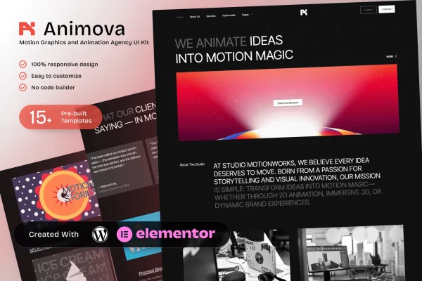 Animova motion graphics and animation agency Elementor template kit preview