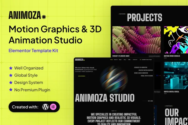 Animoza Elementor template kit preview for a motion graphics and 3D animation studio