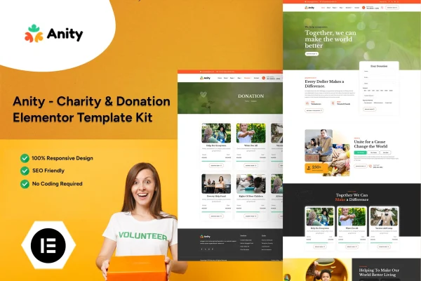 Anity charity and donation Elementor template kit cover image