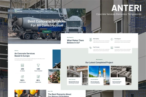 Anteri concrete services Elementor template kit cover image