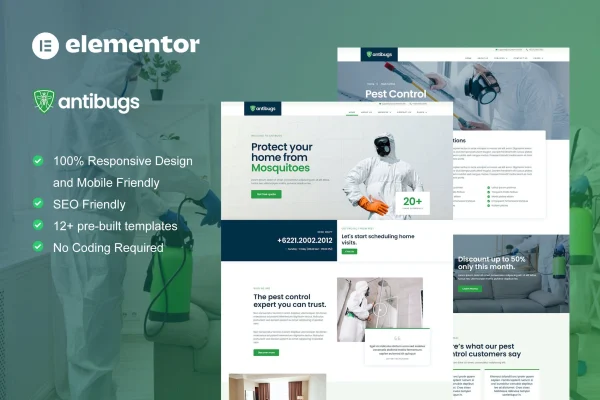 Antibugs pest control service Elementor template kit preview
