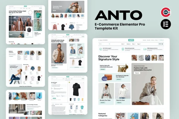 Anto e-commerce Elementor Pro template kit preview showing minimalist online store pages