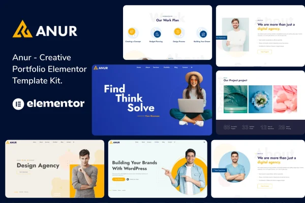 Anur portfolio Elementor template kit cover showing page layouts