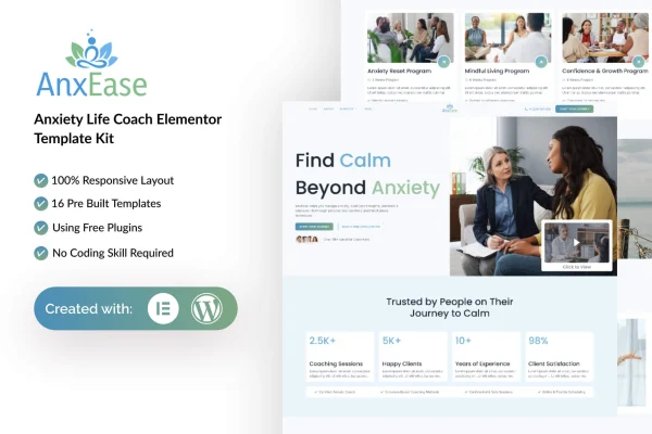 AnxEase Elementor template kit preview for anxiety life coach websites